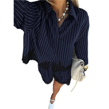 Women'S Striped Lace Trim Button Down Shirt & Drawstring Shorts Two-Piece Outfit Sets Navy S