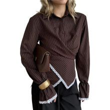 Women'S Collar Vertical Stripe Wrap Waist Lace Trim Flare Long Sleeve Blouse Brown L