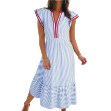 Women'S Dresses Summer V-Neck Ruffle Cap Sleeve High Waist Stripe Midi Maxi Dress with Pockets & Red L