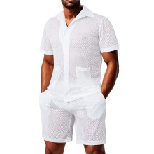 Men Mesh 2 Piece Outfits See Through Casual Shirts and Shorts Hollow Out Mid Shorts Set White S