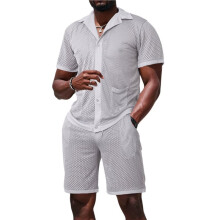 Men Mesh 2 Piece Outfits See Through Casual Shirts and Shorts Hollow Out Mid Shorts Set Light Gray M