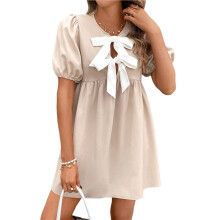 Women Casual Summer Puff Sleeve Dress Tie Front Cut High Waist Peplum Dress Apricot M