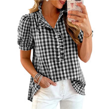 Womens Short Sleeve Summer Tops Striped Plaid Ruffle V Neck Button Down Shirts Casual Blouses Black&White Plaid M