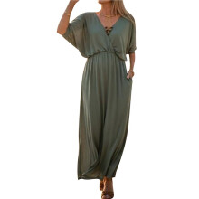 Women'S V Neck Batwing Sleeve Maxi Dress, Elegant Elastic Waist Split Hem Long Dress with Pockets Army Green XXL
