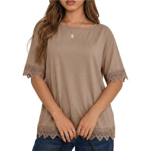 Women'S Summer Tops Oversized Short Sleeve Shirts Casual Loose Lace Patchwork T-Shirt Outfits Khaki M