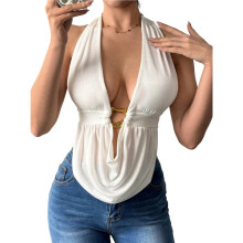 Women'S Halter Going Out Top Open Back Deep V Neck Sleeveless Vest Tank Tops Party Clubwear White M