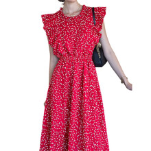 Women Sleeveless O-Neck Ruffle A- Dress Casual Printing Elegant Knee-Length Dress Rose Red S