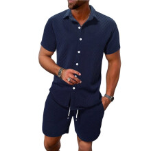 Men'S Waffle Knit 2-Piece Outfit with Button Down Shirt and Shorts for Summer Navy XL
