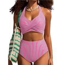 Women High Waisted 2 Piece Bikini Sets Halter Patch Swimsuits Striped Beach Bathing Suit Rose Red Stripes L