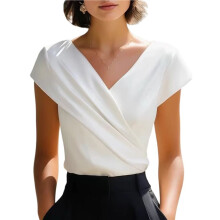Dames Top van Zijdesatijn met Colkraag, Elegante Casual Zomerblouse met Korte Mouwen Wit S