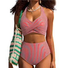 Women High Waisted 2 Piece Bikini Sets Halter Patch Swimsuits Striped Beach Bathing Suit Red Stripes L