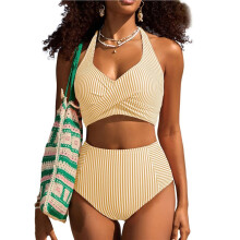 Women High Waisted 2 Piece Bikini Sets Halter Patch Swimsuits Striped Beach Bathing Suit Yellow Stripes L
