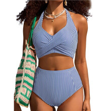Women High Waisted 2 Piece Bikini Sets Halter Patch Swimsuits Striped Beach Bathing Suit  Stripes M