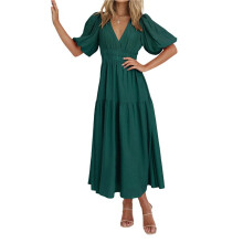 Dames Maxi-Jurk met Diepe V-Hals, Pofmouwen en Korte Mouwen, Boho Lange Zwierige Zomerjurk Groen XL