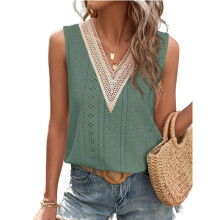 Women Tank Top Eyelet Vacation Sleeveless V Neck Loose Fit Shirt Fashion Casual Clothes  Green M