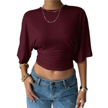 Womens Crew Neck Batwing Tops Cinched Waist Top Short Sleeve Shirts Business Casual Clothing Wine Red M