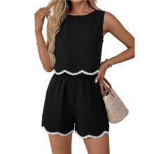 Damen 2-Teiliges Urlaubsoutfit: Loungewear-Set mit Lässigem Crop-Top und Shorts Schwarz M