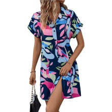 Womens Summer Shirt Dress Short Sleeve Floral Shift Dress Casual Loose Flowy Beach Sundress Deep S