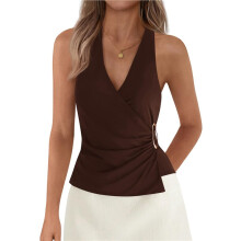 Women'S Halter Tops Tie Wrap Sleeveless Ruched V Neck Fitted Summer Tops Backless Y2k Clothes Brown XL