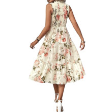 Women'S Summer Floral Mid-Length Dress Ruffle Sleeve Smocked Sundress Flowy Wedding Guest Dresses Apricot Flower XL