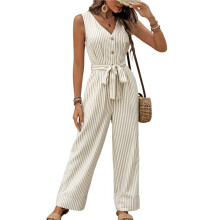 Gestreifter, Lässiger Sommer-Jumpsuit für Damen, Locker Geschnitten, mit Knopfleiste, V-Ausschnitt, Ärmellos Khaki M