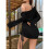 Women'S One Shoulder Bodycon  Dress, Long Sleeve, Ruched Side Drawstring Black L 7
