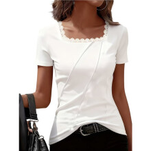 Damen Kurzarm-T-Shirts, Sommerliche Freizeit-Tops mit Eckigem Ausschnitt und Spitzenapplikationen Weiß S