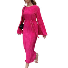 Damen-Maxikleid mit Langen Ärmeln, Rundhalsausschnitt, Figurbetont, Lässig, Ausgeh-Outfit Rosa L