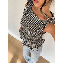 Womens Vintage Plaid Romantic Date Tie Neck Ruffled Hem Slim Fit Sleeveless Top Y2K Style Gray XS