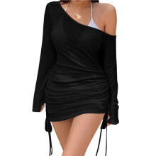 Women'S One Shoulder Bodycon Dress, Long Sleeve, Ruched Side Drawstring Black L