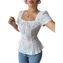 Womens Summer Fashion Elegant Casual Lace Trim Square Neck Tie Detail Short Sleeve Blouse Top White S