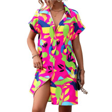 Womens Summer Shirt Dress Short Sleeve Floral Shift Dress Casual Loose Flowy Beach Sundress Rose Red XL