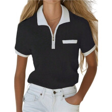Summer Short Sleeve Po-Lo Shirts for Women Collared V Neck Work Dressy Tops Knit Loose Business Black XL