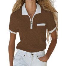 Summer Short Sleeve Po-Lo Shirts for Women Collared V Neck Work Dressy Tops Knit Loose Business Brown M
