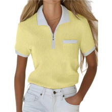 Summer Short Sleeve Po-Lo Shirts for Women Collared V Neck Work Dressy Tops Knit Loose Business Yellow M