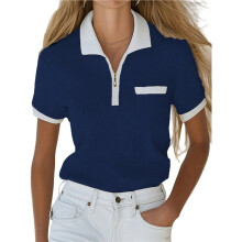 Summer Short Sleeve Po-Lo Shirts for Women Collared V Neck Work Dressy Tops Knit Loose Business Dark M