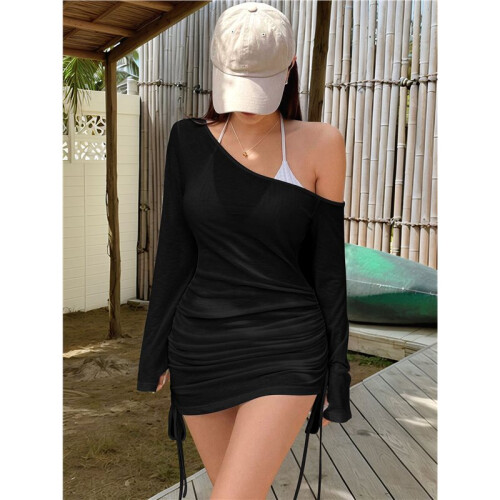 Women'S One Shoulder Bodycon  Dress, Long Sleeve, Ruched Side Drawstring Black L 1