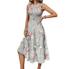 Sommerkleid für Damen mit Blumenmuster, Mittellang, Rüschenärmeln, Gerafftem Saum, Fließendes Kleid für Hochzeitsgäste Grüne Blume XXL