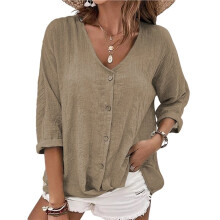 Women'S V Neck Button Down Shirt, 3/4 Sleeve Casual Loose Blouse Top Khaki M