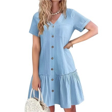 Damenkleider Sommer Casual V-Ausschnitt Kurzarm Hemdblusenkleid mit Knopfleiste und Taschen Strandkleid Hellblau L