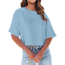 Women Half Sleeve Cropped T-Shirts Drop Shoulder Round Neck Crop Tops Casual Summer Basic Tees Light L