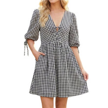 Women'S Gingham Puff Sleeve Tie Front Babydoll Dress Black XL