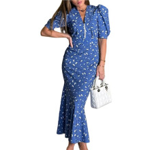 Damen-Maxikleid mit Kurzen Ärmeln, Wickeloptik, V-Ausschnitt, Langes Kleid Blau L