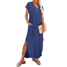 Summer Casual Maxi Dresses for Women V Neck Cap Sleeve Long Sundress with Pockets Beach Vacation Navy L
