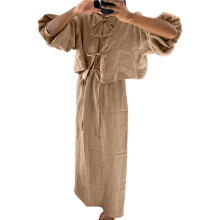 Damen 2-Teiliges Rock-Set: Oversized Langarm-Top und Maxirock - Reise- und Urlaubsset Khaki L