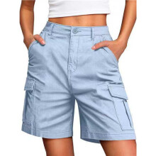 Damen-Cargo-Jeansshorts, Knielang, mit 6 Taschen, Lässige Sommer-Shorts mit Elastischem Bund Hellblau 4XL