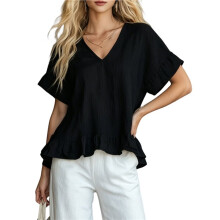 Elegantes Vintage-Damenblusen-Top mit V-Ausschnitt, Kurzen Ärmeln, Asymmetrischem Rüschensaum Schwarz XXXL