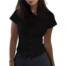 Damen-T-Shirts mit Rundhalsausschnitt, Kurzen Ärmeln, Rippstrick und Knöpfen - Trendige Ausgeh-Tops Schwarz S