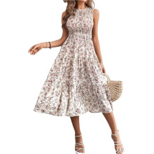 Women'S Summer Floral Mid-Length Dress Ruffle Sleeve Smocked Sundress Flowy Wedding Guest Dresses White Flower L