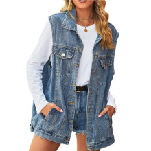 Damen Jeansweste Oversize, Ärmellos, Mittellang, mit Knopfleiste Blau XL